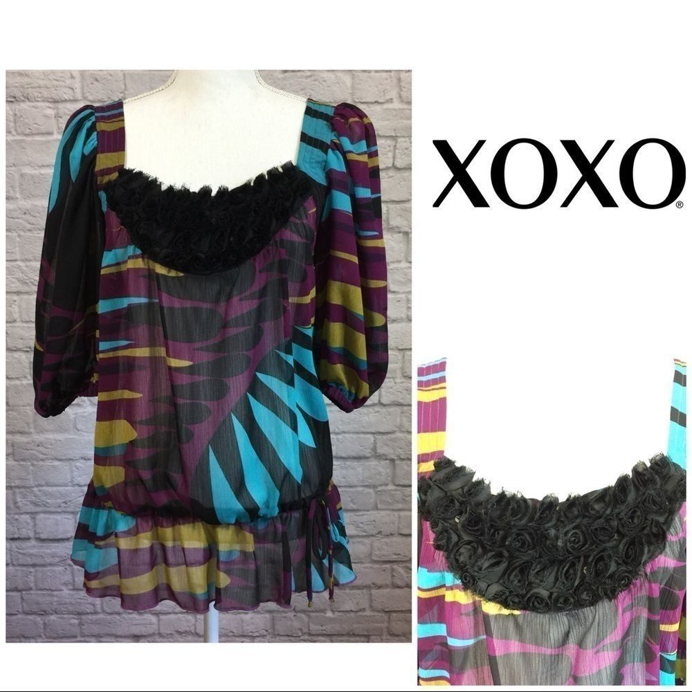 Xoxo Tie Waist Rosette Blouse Colorful Small